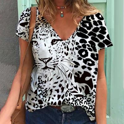 Женские топы с 3D леопардовым принтом и коротким рукавом с V-образным вырезом, летние футболки для влюбленных пар