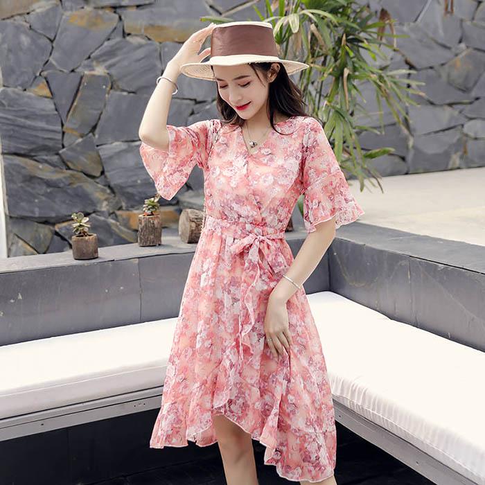 Женское шифоновое платье с v-образным вырезом и принтом, облегающие пляжные платья трапециевидной формы, пляжная юбка средней длины