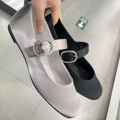 Версия из овчины~ 2025 новые кожаные туфли со стразами на мягкой подошве, женские балетки с круглым носком и плоской подошвой, туфли Мэри Джейн