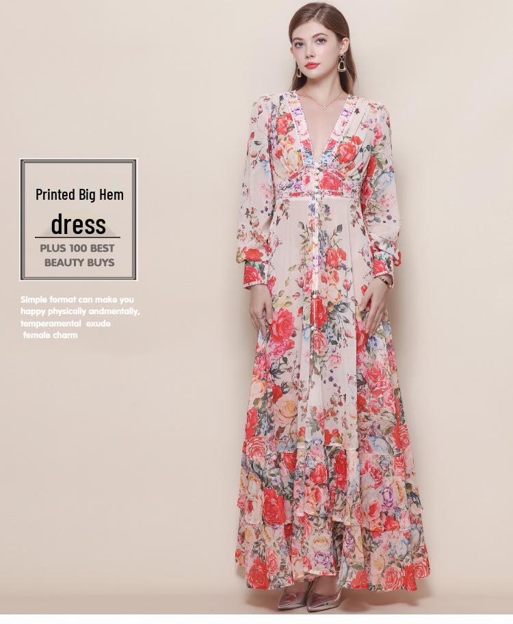 Women's Retro Court Style V-neck Dress with Lace-up Waist, Lantern Sleeves, Floral Print, and Large Hem - 2026 Collection