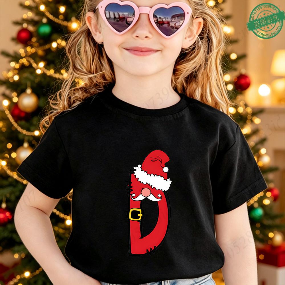 Cute Santa Hat Beard 26 A‑Z Alphabet Graphic Children Christmas T‑Shirt Cotton Short Sleeve Boys Girls Winter Festival Party Tee