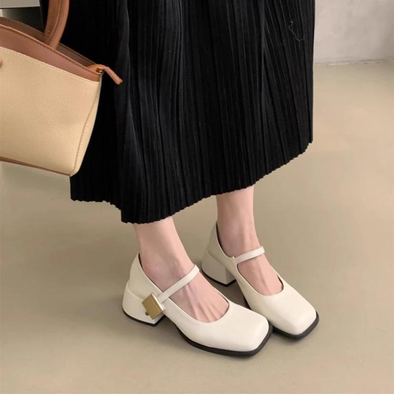 Autumn Casual Women Fashion Square Toe Close Toe Ankel Strap Mules Ladies Elegant Mary Jane Ballet Shoes Mid Heel Dress Pumps
