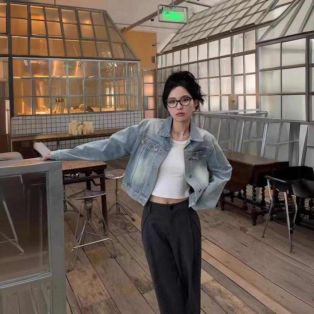 IHUASU Женская винтажная повседневная джинсовая куртка и пальто с длинным рукавом и воротником-поло на осень и зиму