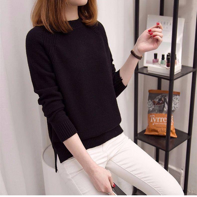 Женский осенне-зимний свитер, женский свободный корейский вариант, однотонный, с длинными рукавами, базовый свитер, пуловер, круглый вырез, вязаный свитер, топ