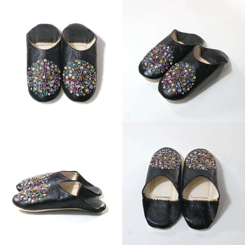 Odorless Leather Babouche Slippers Color Slippers [cocomorocco] (Mixed Sequins) Moroccan/Indoor (Black, 22-Point, 0-Centenometer)