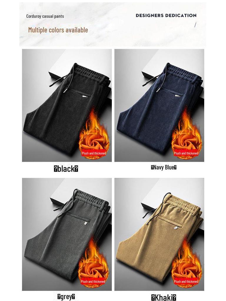 Мужские деловые брюки осень/зима из вельвета с эластичной резинкой на талии — плотные, теплые, плюс бархат, прямого кроя