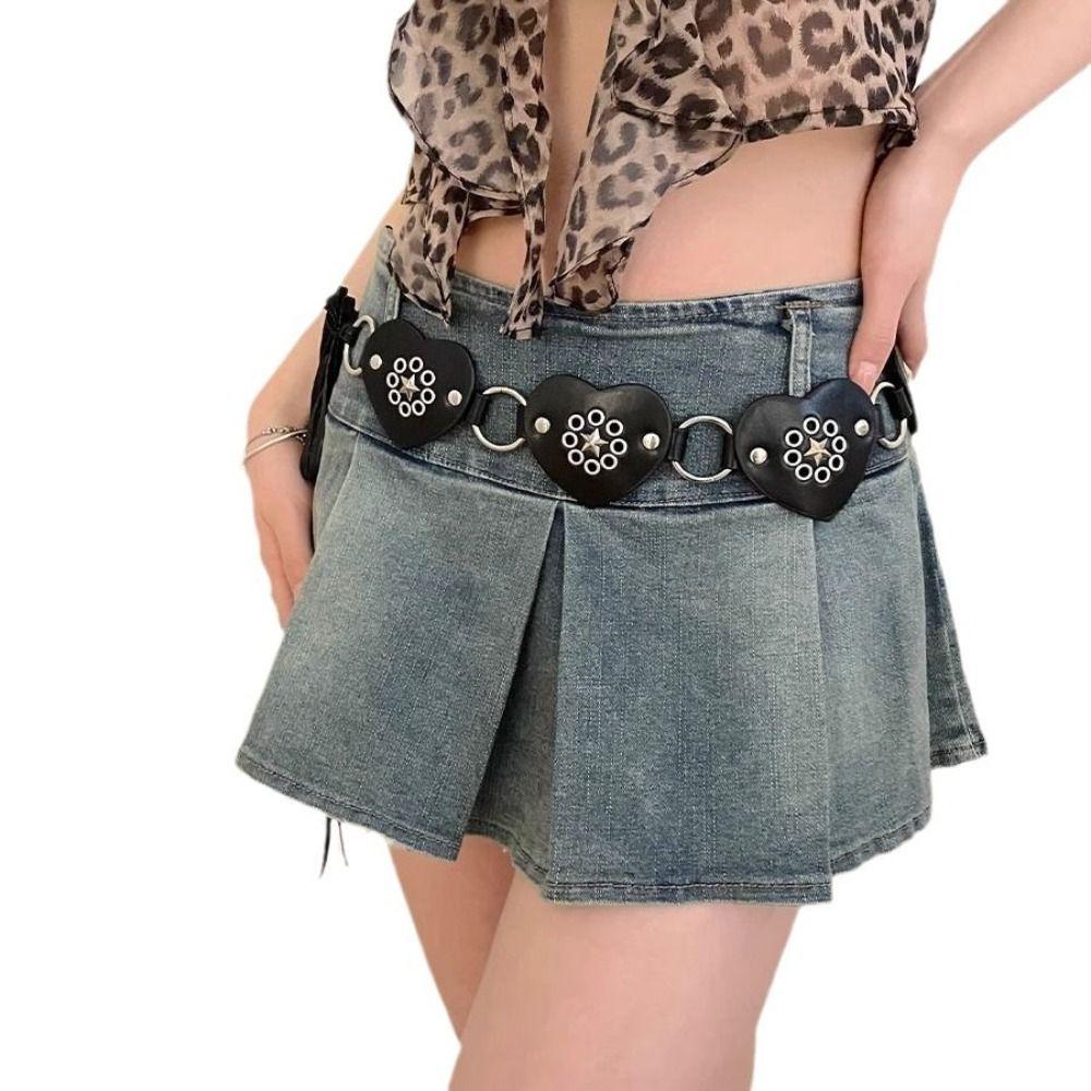 Y2K Heart Belt Metal PU Leather Waistband Retro Rivet Belt Dress