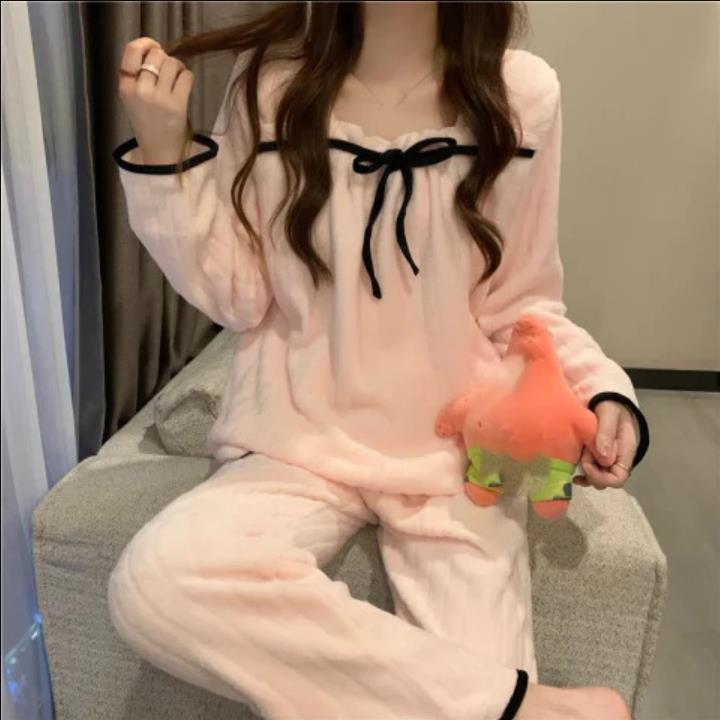 Коралловый флис пижамные комплекты для женщин осень зима толстые теплые милые длинные рукава пижамы ночная рубашка пижама костюм Mujer домашняя одежда