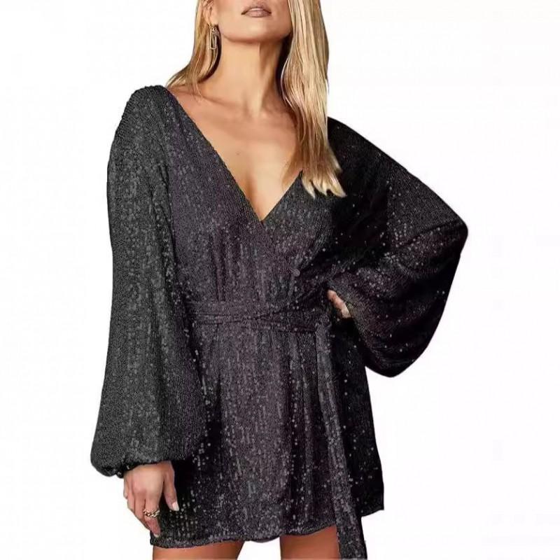 Sparkly Mini Wrap Dress Women V-Neck Long Sleeve Puff Party Outfit Short Skirt