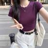 Футболка с короткими рукавами из хлопка, фиолетового цвета, женская, летняя, облегающая, тонкая, базовая, короткая, сладкая, горячая, девчачья, чистая, топ