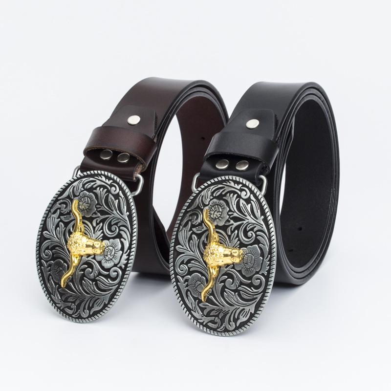Fashion Personality Western Denim Belt Gold Plated Retro Cow Head Belt Men's Cow Leather Belt