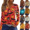 Women's T Shirt Tee HAlloween Print Button Long Sleeve Daily Weekend Fashion Basic V- Neck Regular Top
