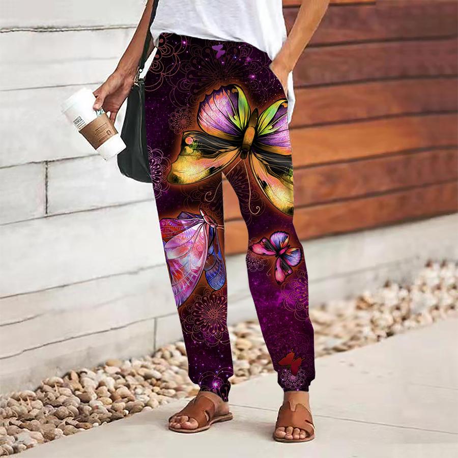 Women Retro Printing Pants Lace Up Elastic Waist Loose Trousers Casual Long Pants Trousers with Pockets