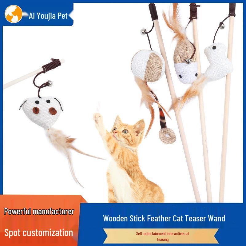Cat Teaser Toy: Wooden Pole with Feather, Bell, and Mouse for Interactive Self-Entertainment