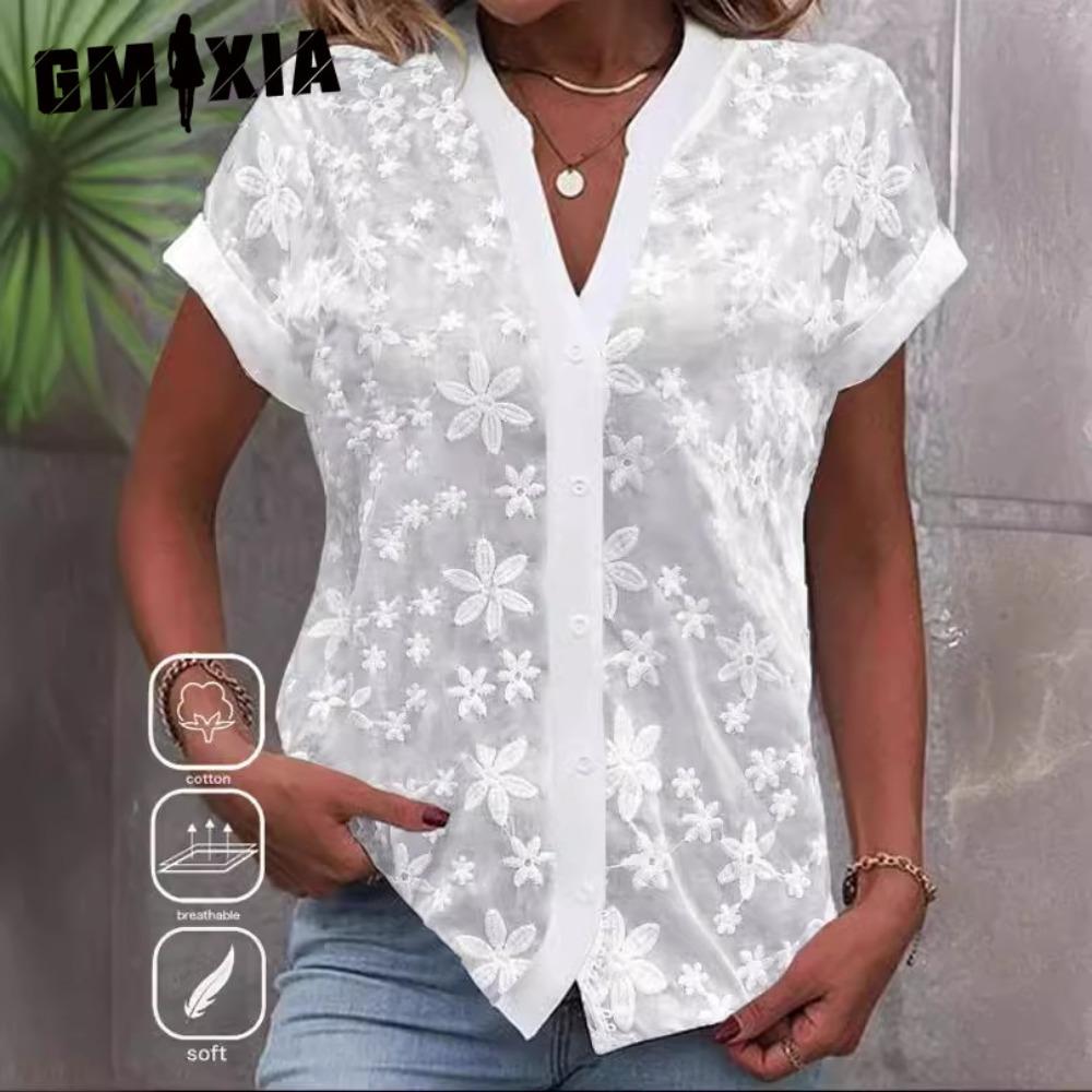 GMXIA Женские модные повседневные летние однотонные блузки и рубашки с короткими рукавами и воротником-поло с принтом