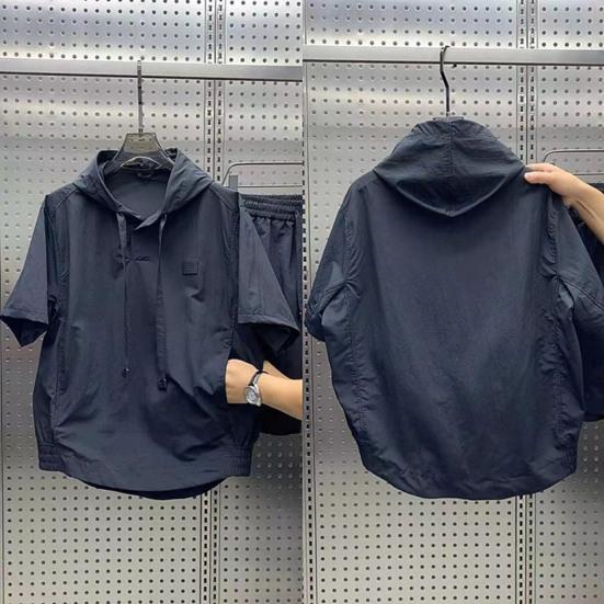 Мужской летний комплект из 2 предметов: худи с капюшоном и кулиской, топы с коротким рукавом, эластичная талия, карманы