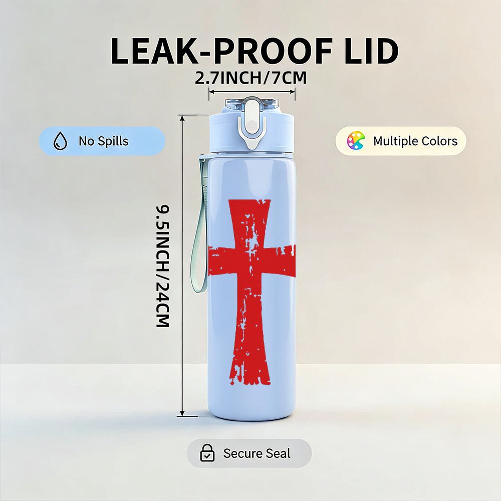 1PC Red Wooden Cross Minimalist Vintage Print 750ml Portable Sports Water Bottle Leakproof Gym Outdoor Travel Drink Cup