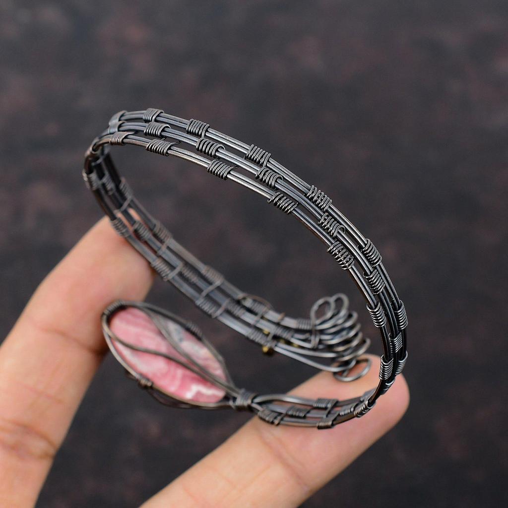 Браслет-манжета с родохрозитом, медная проволока, регулируемый браслет, антикварные ювелирные изделия ручной работы, браслет из настоящего драгоценного камня, ювелирные изделия из медной проволоки для подарка