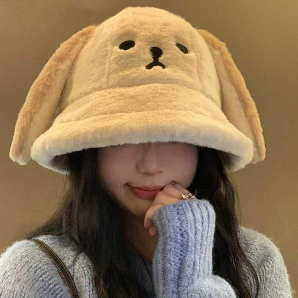Korean Doggie Ear Bucket Hat Warm Women Plush Hats Cute Oversized Puppy Hat  Girls