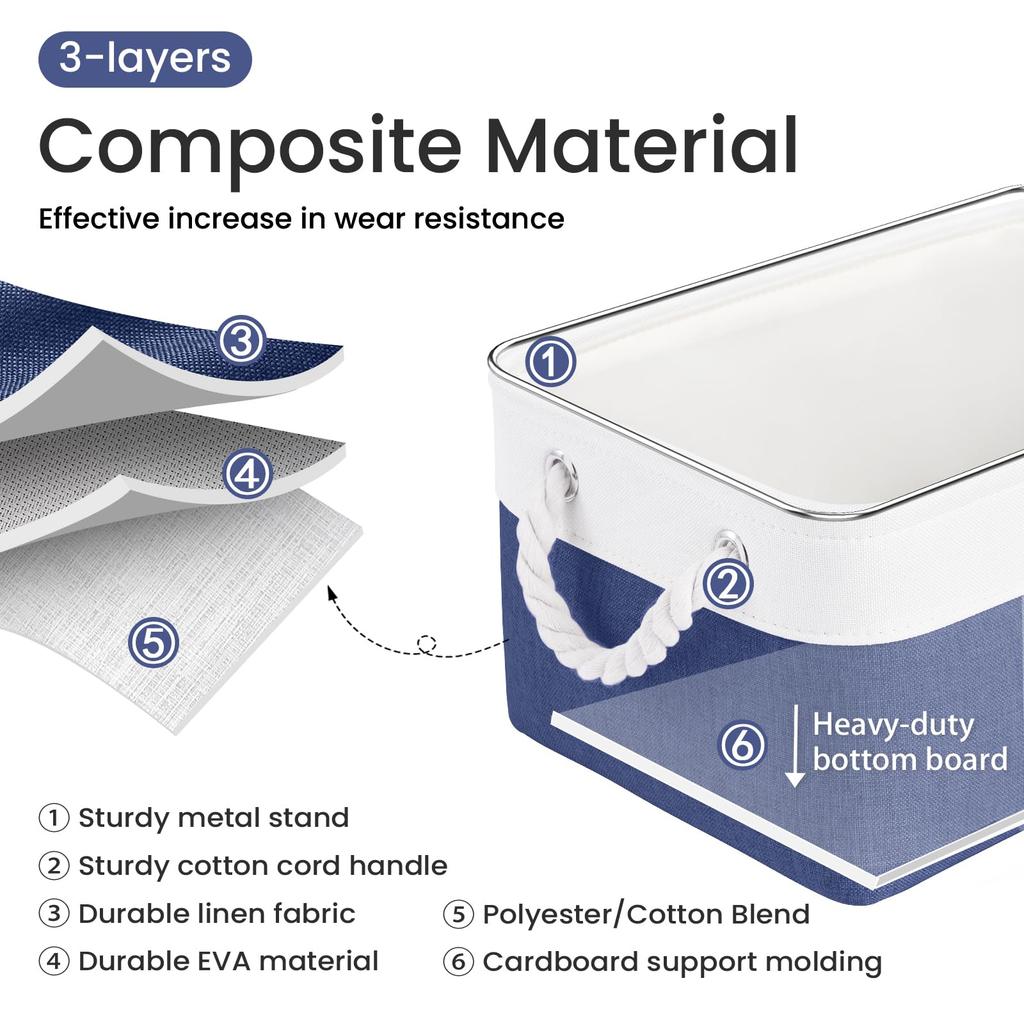 Storage Basket: 38x28x25cm Foldable Fabric Bin with Handles - Sturdy Closet Organizer for Kitchen Bathroom Office Home Storage - 3-Pack in White-Blue