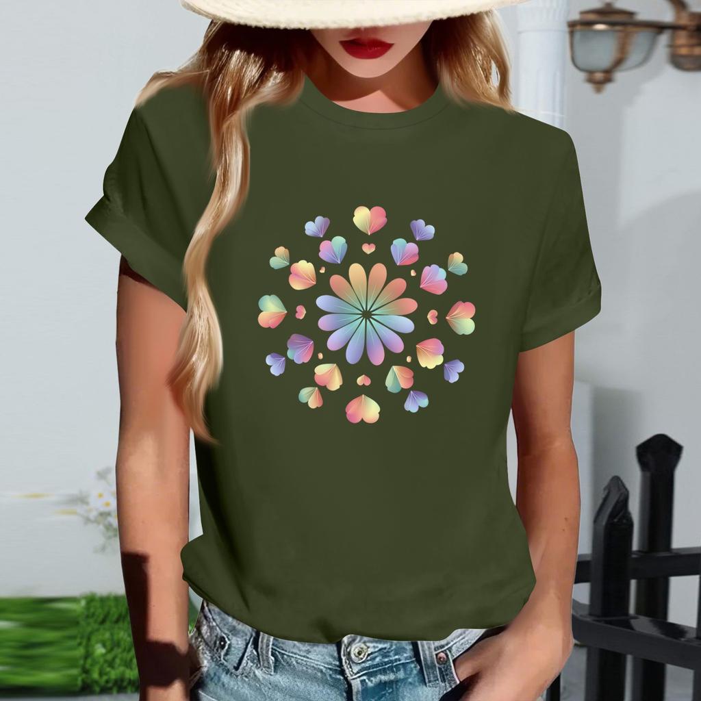 Women's Fashionable Round Neck Casual Retro Print Short Sleeved T-shirt Top