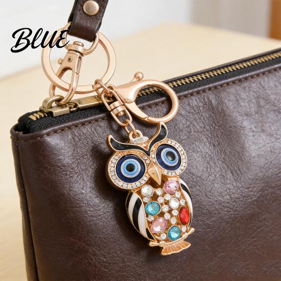 Owl Keychain with Enamel Accents Sparkling Rhinestone Car Key Ring