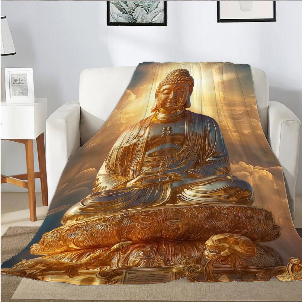 Golden Buddha Statue Theme Flannel printed blanket suitable for all seasons suitable for living room office sofa and travel