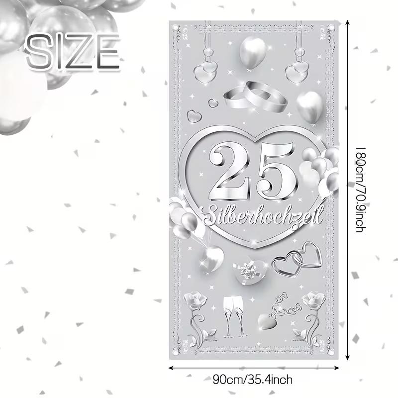 2D 25th Silver Wedding Backdrop, Hearts & Balloons Background