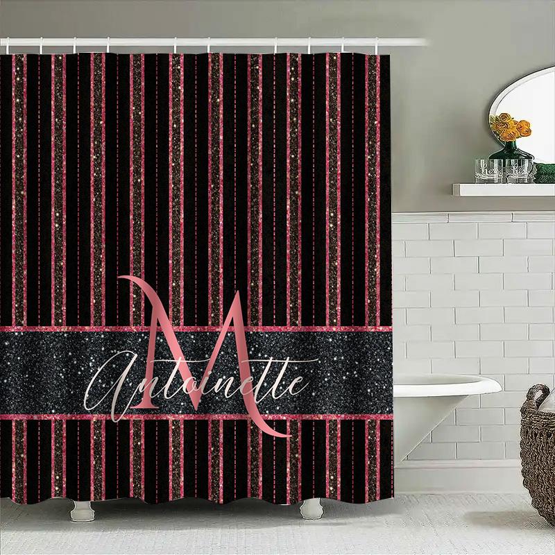 Bathroom Decor Black Pink Striped Shower Curtain Name Custom Size Waterproof Bathroom Liner Set