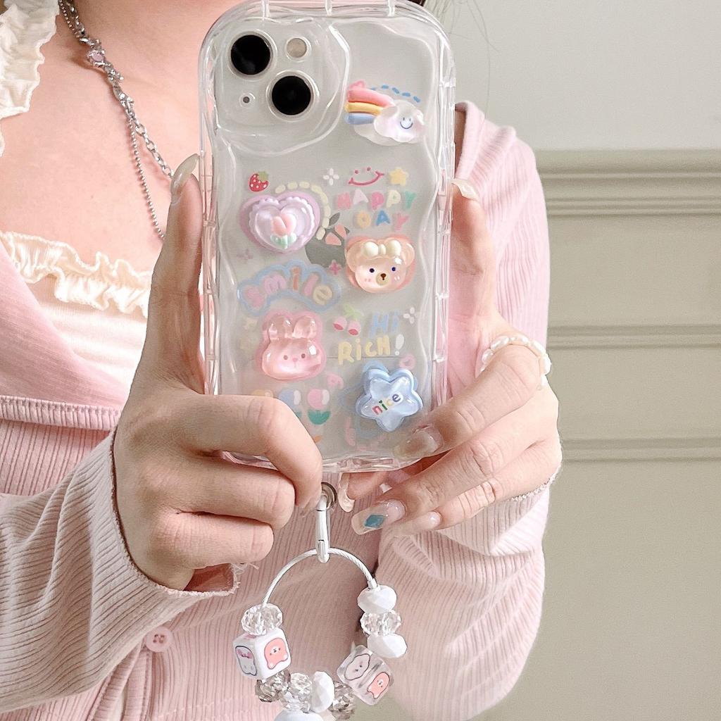 Cute Three-dimensional Bear and Rabbit Suitable for Apple 16 Transparent Mobile Phone Case IP14PRO Soft Shell Bell Pendant Bracelet