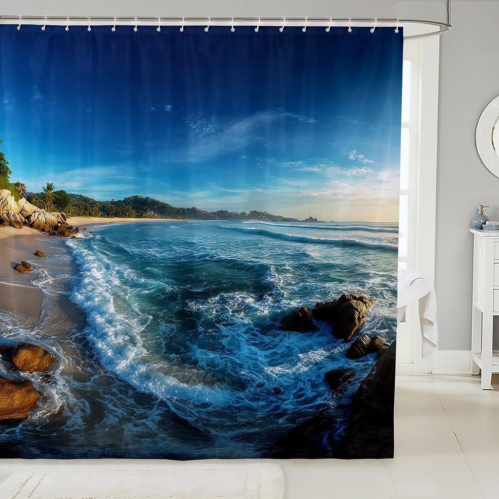 Мультяшный Кот Детские Занавески для Душа,Японская Занавеска для Ванной Укиё-э с Океанской Волной, Абстрактная Полосатая Домашняя Декорация, Морской Синий Ретр