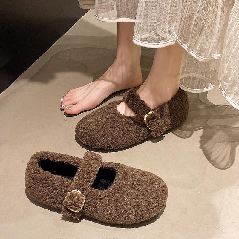 Warm cotton shoes autumn and winter new black flat-bottomed women's Doudou shoes one-word button Mao Mao shoes shallow mouth without Mary Jane