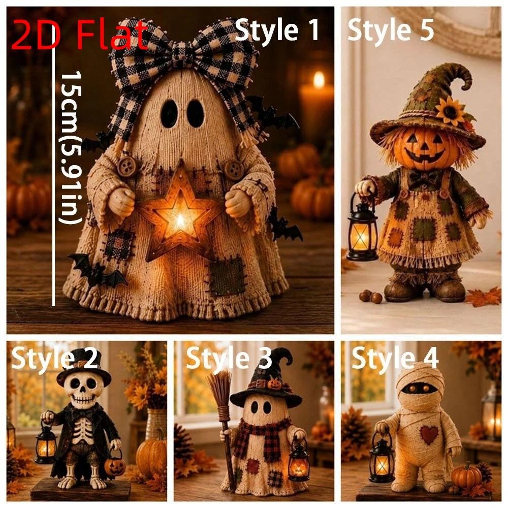 2D Flat Halloween Wooden Lantern Ghost Figurine Double-Sided Print Vintage Plaid Bow Ghost Ornament Sturdy Base Fade-Resistant