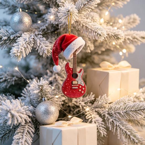 Рождественский ornament 'Красная гитара' для елки, 2D плоский акриловый кулон с прочным украшением в виде шапки Санты, Декор для кантри-музыки, Подарок
