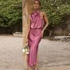 Summer Elegant Halter Sexy Women Dress Fashion 2023 Sleeveless Satin Evening Party Dress Lady Robe High Waist Midi Dresses 25013