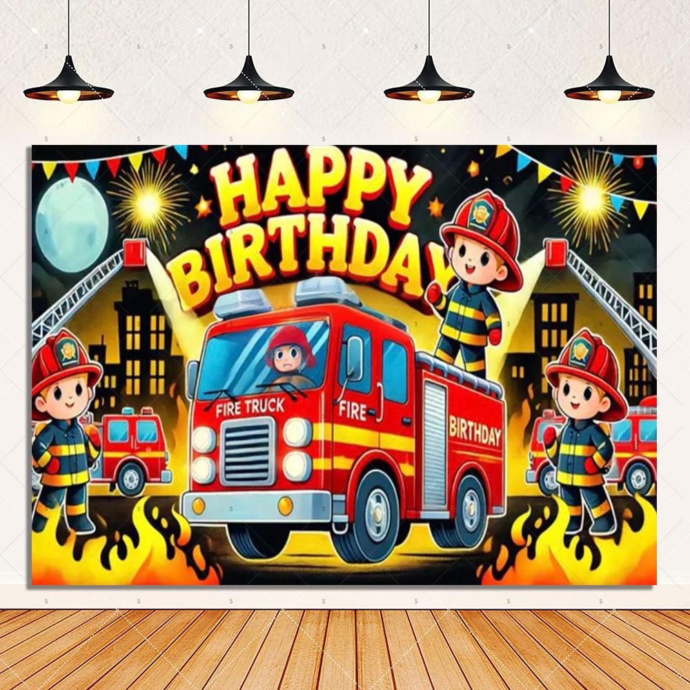 Firetruck Theme Background Banner Firefighter Hero Boy Birthday Party Decoration Baby Shower Backdrop Supplies Photography Prop