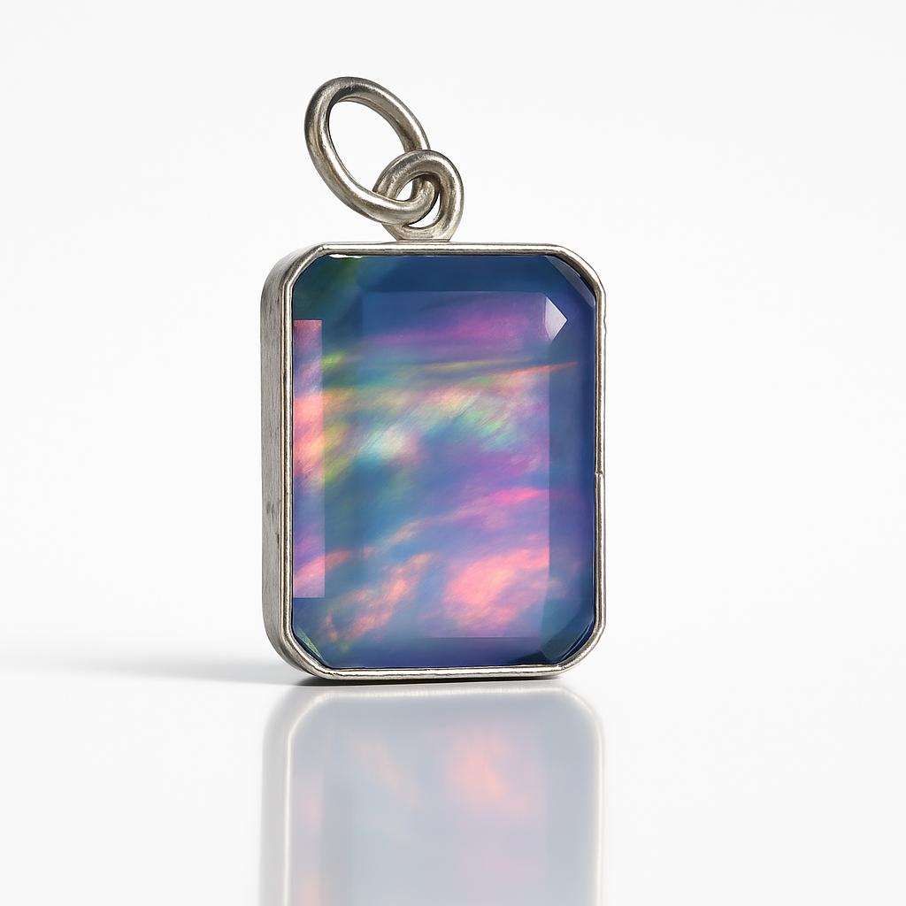 23.25 Ct Aurora Fire Opal Checker Emerald Certified 925 Sterling Silver Pendant
