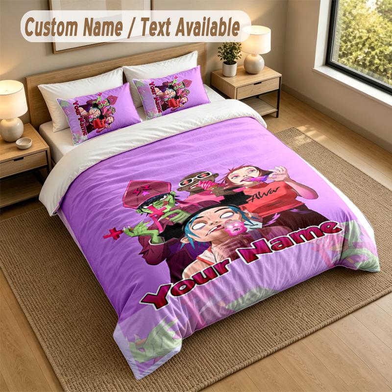 3Pcs Bedding Set Custom Name Text, 1 Sheet 2 Pillowcases Home Bed DecorGorillaz