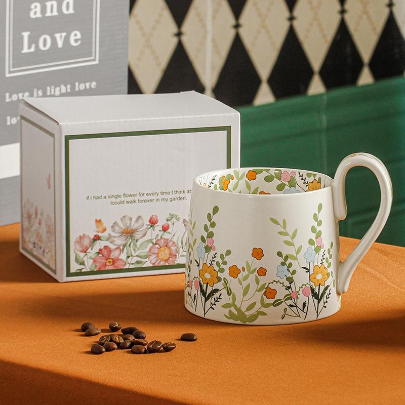 Hand Painted Cartoon Flower Large Capacity Mug Ceramic Cup High Value Coffee Cup Water Cup