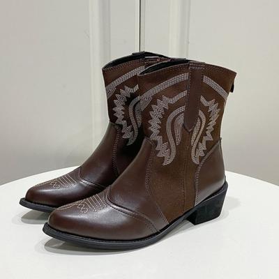 Мода Женская мода Острый носок Вышивка Рукав Мягкая подошва Нескользящие Низкий каблук Ботинки до середины икры Осень Новые Толстый каблук Одинарные ботинки