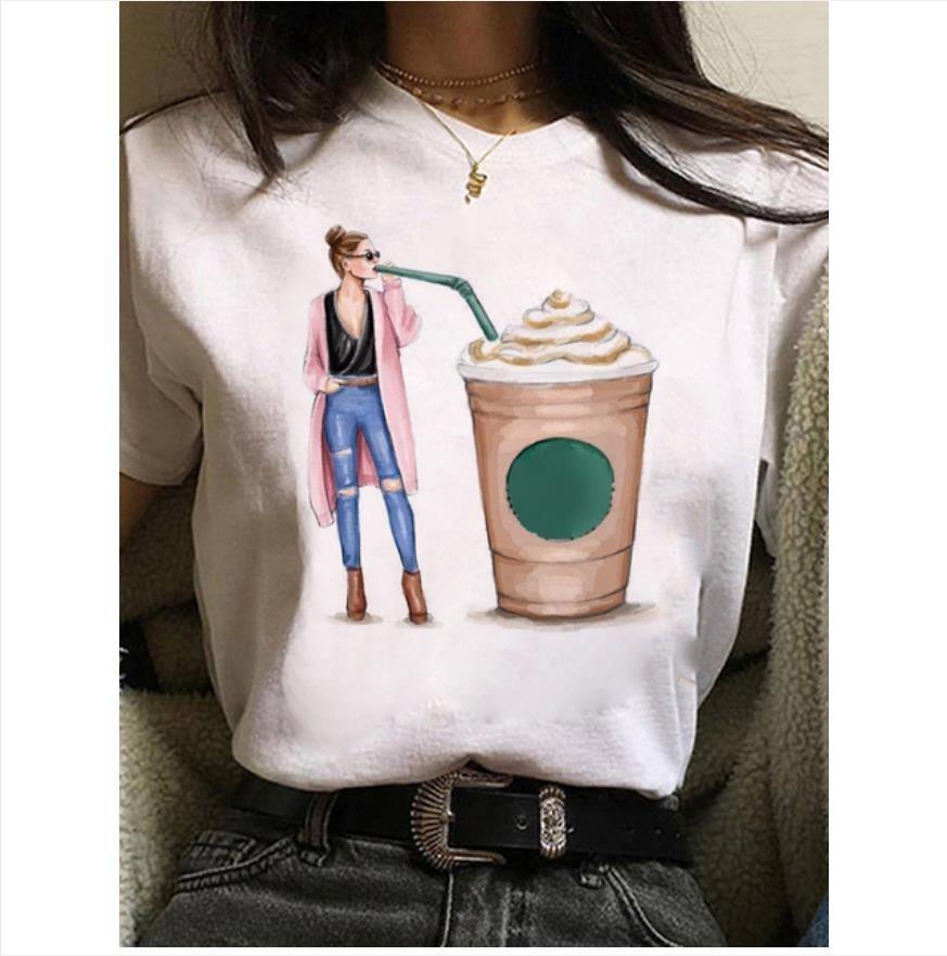 Модная Белая Футболка с Кофейным Принтом для Женщин, Повседневная Футболка с Коротким Рукавом, Топ с Буквой и Модным Рисунком Фигуры