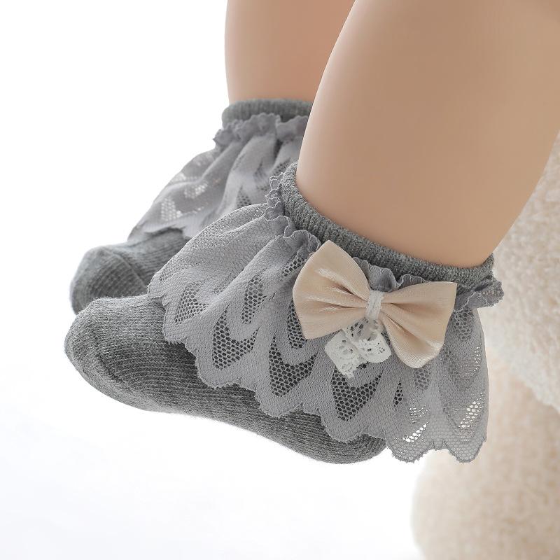Princess Baby Lace Ruffle Socks Spring Summer Toddler Short Sock Solid Color Infants Girls Bow Socks 6-36M Kids Cotton Footwear
