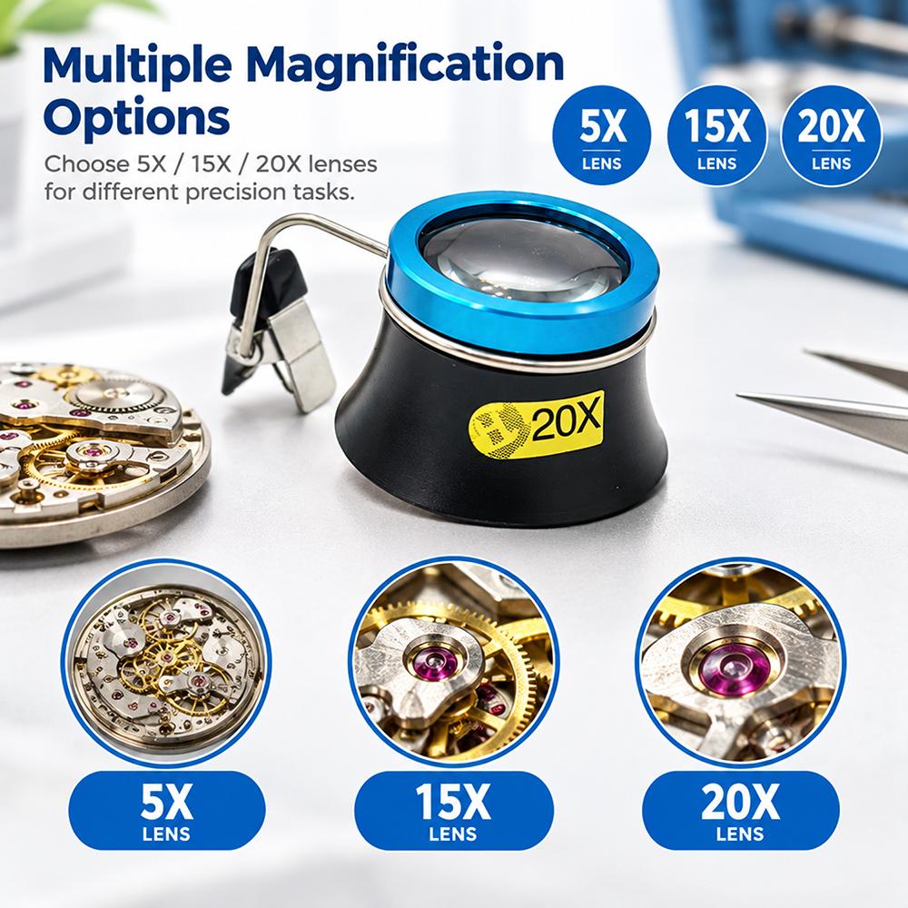 5X 15X 20X Eyeglass Magnifier Clip-On Eye Loupe Magnifying Lens Portable Eyepiece Process Operation Watchmakers Repair Tool