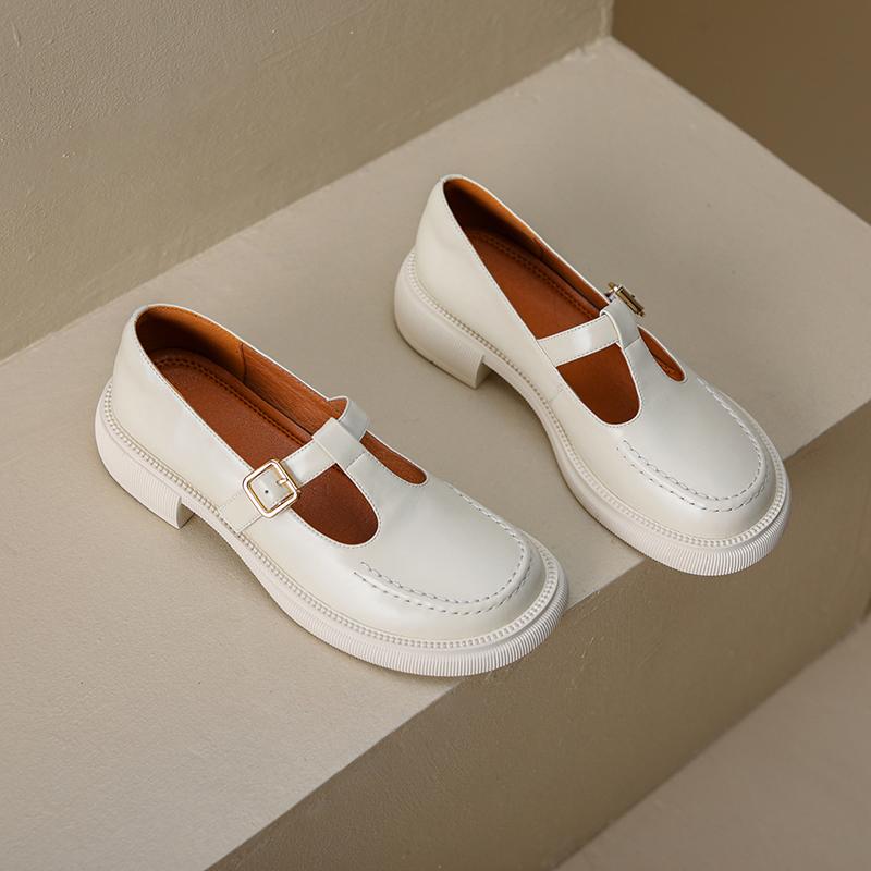 Meotina Туфли из натуральной кожи на плоской подошве с Т-образным ремешком, женская повседневная обувь с пряжкой, модная женская обувь с круглым носком, весенне-осенний цвет бежевого цвета, 40