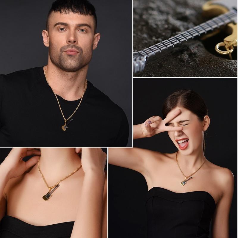 Ожерелье с гитарой для мужчин/женщин, подарок меломану, черный/золотой цвет, кулон из нержавеющей стали и цепочка, ювелирные изделия в стиле хип-хоп, рок, HMM