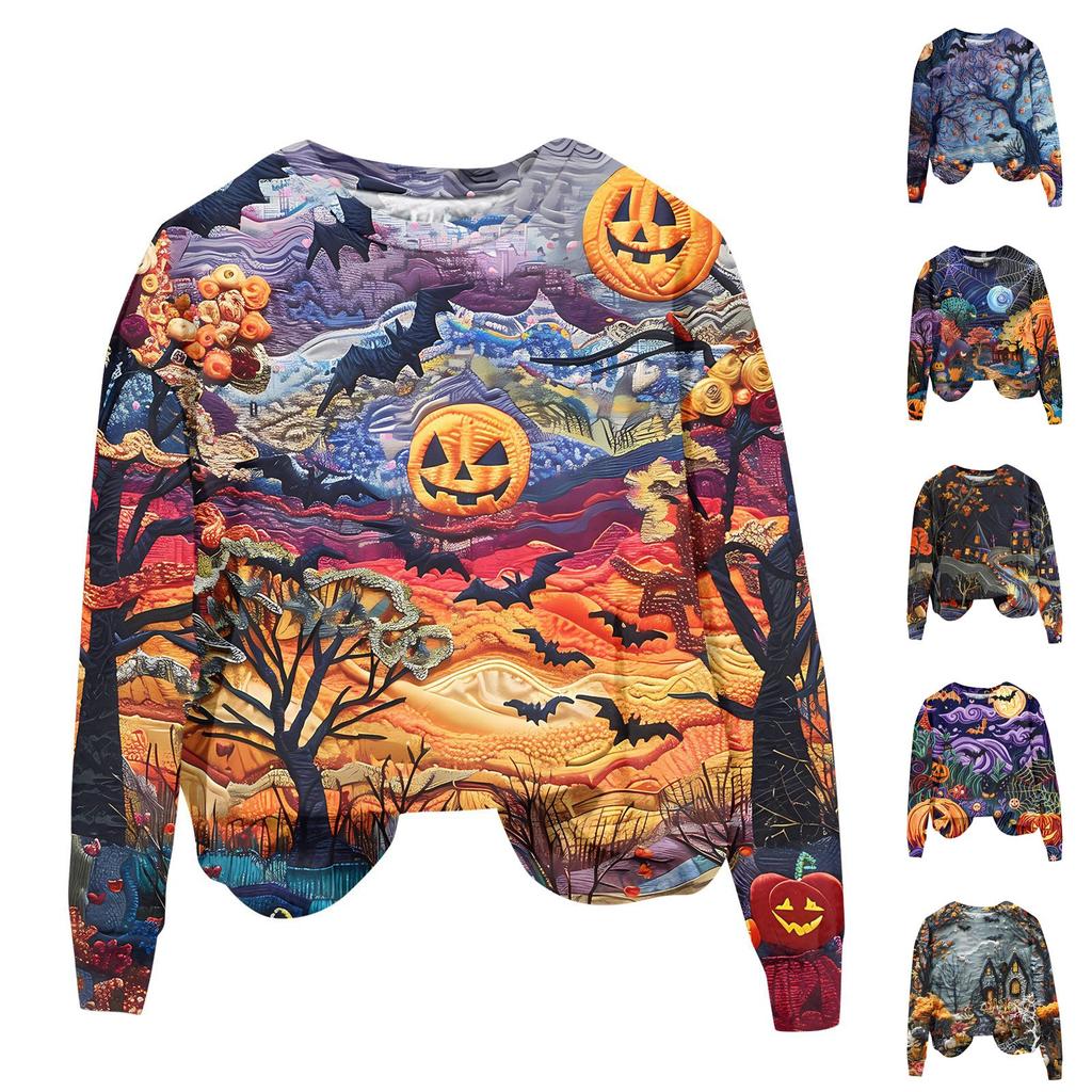 Ladies Fashion Casual Long Sleeve Halloween Printed Round Neck Hoodie Top