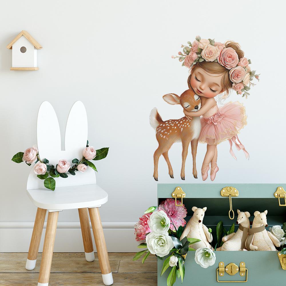 A Cartoon Ballet Girl Hugging A Little Deer Flower Bedroom Home Beautification Sticker