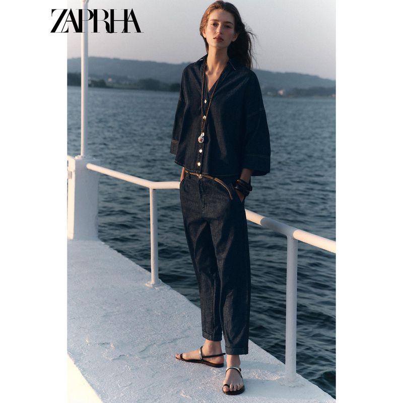 Zaprha 2025 Summer New Women clothes Fashion Popular Lapel V-neck Wide Sleeve Demin shirt 7484152