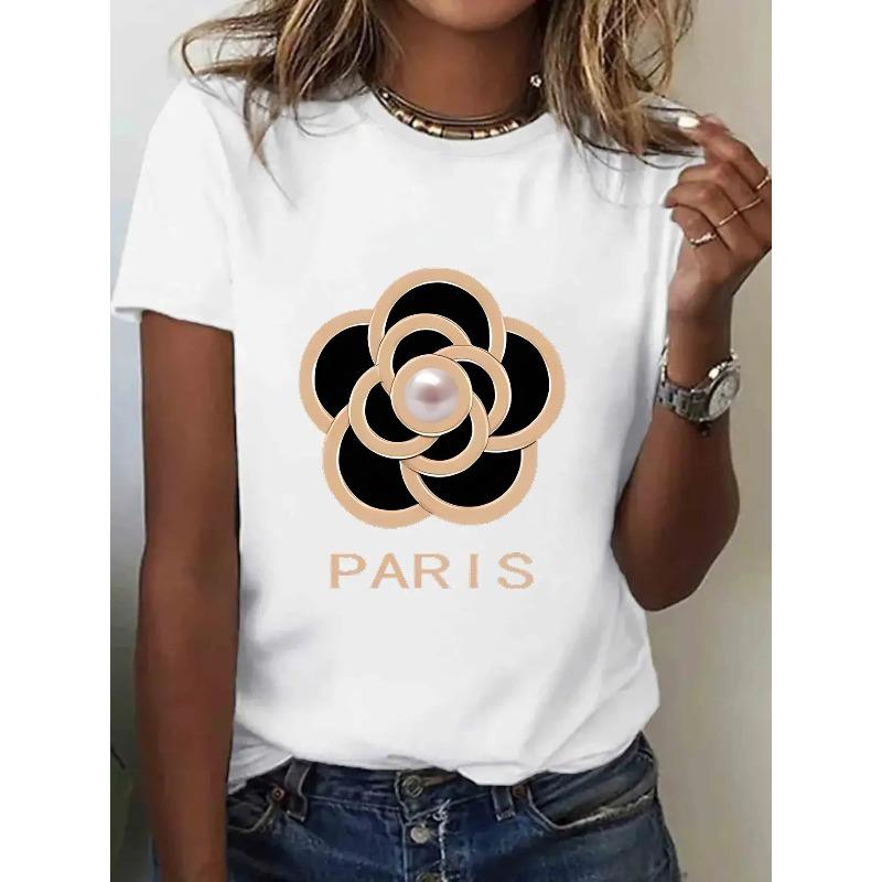 Женская футболка с принтом цветка камелии, круглый вырез, короткий рукав, средняя эластичность, можно стирать в машине, повседневная, для улицы, всесезонный топ