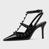 Fashion Beige High Heels Comfortable High-Heeled Shoes Roman Style Slip On Navy Blue Pumps All-Match Rivets Patent Leather Sandals Ladie